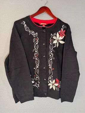 Holiday Traditions Cardigan Women XL Black Embroidered Floral Button Front